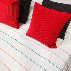 Image showing Bed with red and black velveteen cushions