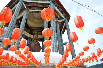 Image showing Guanyin and a red lanterns in Chinese Temple Penang, Malaysia
