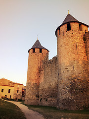 Image showing Stone towers of the historic fortified city of Carcassonne in Fr