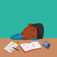 Image showing Male student sleeping at the desk with book.