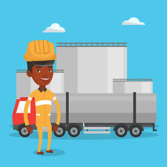 Image showing Worker on background of fuel truck and oil plant.