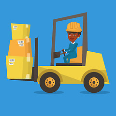 Image showing Warehouse worker moving load by forklift truck.