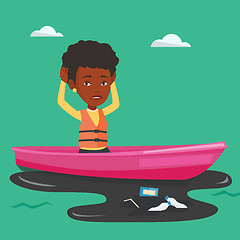 Image showing Woman floating in a boat in polluted water.