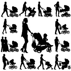 Image showing Set black silhouettes Family with pram on white background. illustration