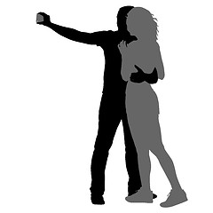 Image showing Silhouettes man and woman taking selfie with smartphone on white background. illustration