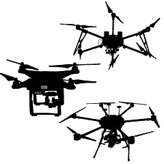 Image showing Black set silhouette drone quadrocopter on white background