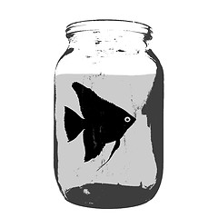 Image showing Black silhouette of aquarium fish in a jar with water on white background