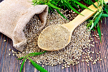 Image showing Flour hemp in spoon with bag on board