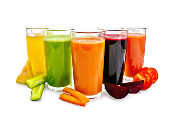 Image showing Juice vegetable in five tall glasses with vegetables