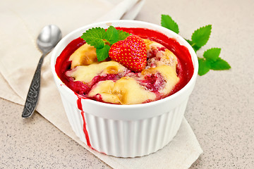 Image showing Pudding strawberry in bowl on granite table