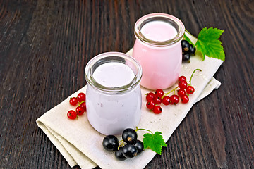 Image showing Milk cocktail with black and red currant on board