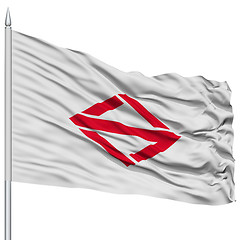 Image showing Yokohama Capital City Flag on Flagpole, Flying in the Wind, Isolated on White Background