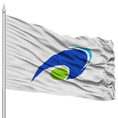 Image showing Tsu Mie Capital City Flag on Flagpole, Flying in the Wind, Isolated on White Background