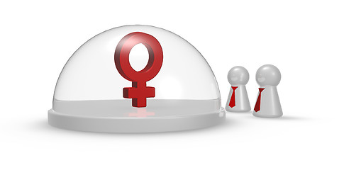 Image showing female symbol under glass dome and pawns with tie - 3d rendering