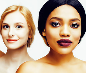 Image showing  different nation woman: asian, african-american, caucasian together isolated on white background happy smiling, diverse type on skin, lifestyle people concept 