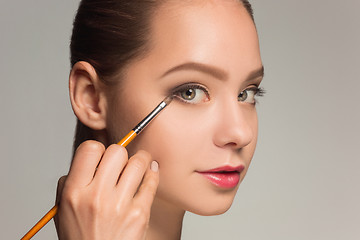 Image showing Beautiful female eyes with make-up and brush