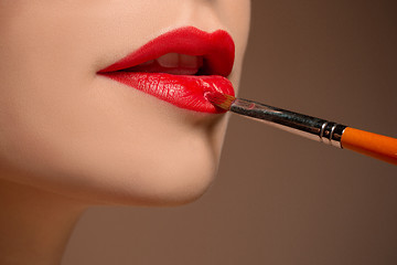 Image showing Beautiful female lips with make-up and brush