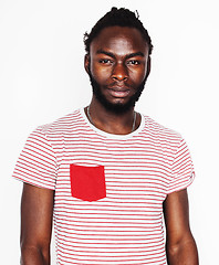 Image showing young handsome afro american boy stylish hipster gesturing emotional isolated on white background smiling, people lifestyle concept