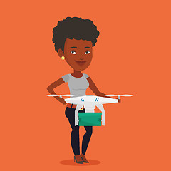 Image showing Woman controlling delivery drone with post package