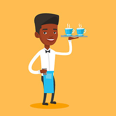 Image showing Waiter holding tray with cups of coffeee or tea.