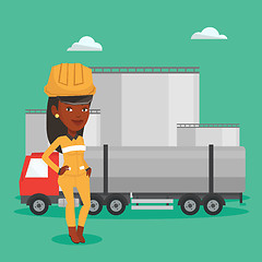 Image showing Worker on background of fuel truck and oil plant.