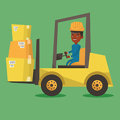 Image showing Warehouse worker moving load by forklift truck.