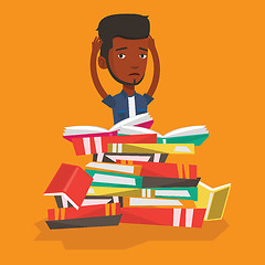 Image showing Student sitting in huge pile of books.