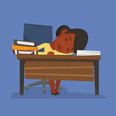 Image showing Female student sleeping at the desk with book.