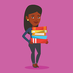 Image showing Woman holding pile of books vector illustration.