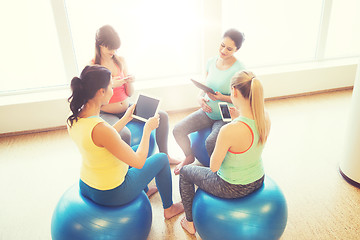 Image showing happy pregnant women with gadgets in gym