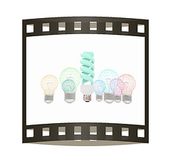 Image showing energy-saving lamps. 3D illustration. The film strip