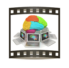 Image showing Computers connected to central brain. 3d render. The film strip