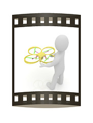 Image showing 3d man with drone, quadrocopter, with photo camera. 3d render. 3