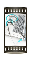 Image showing silver laptop diagnosis with stethoscope. 3D illustration. The f