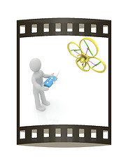 Image showing 3d man with drone, quadrocopter, with photo camera. 3d render. 3