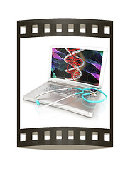 Image showing silver laptop diagnosis with stethoscope. 3D illustration. The f