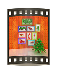 Image showing Mock up poster on the wood wall with christmas tree and decorati