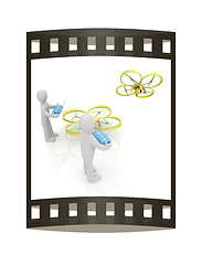 Image showing 3d man with drone, quadrocopter, with photo camera. 3d render. 3