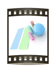 Image showing karemat and fitness ball. 3D illustration. The film strip