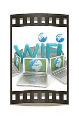 Image showing Global concept of  WiFi connectivity between laptops. 3d render.