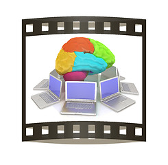 Image showing Computers connected to central brain. 3d render. The film strip