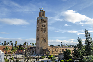 Image showing Djemaa EL Fna square and Koutoubia mosque in Marrakech Morocco