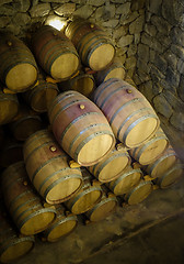 Image showing wood wine barrels in a winery