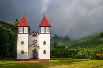 Image showing Rainbow on Haapiti church in Moorea island, landscape