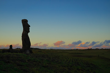 Image showing Moai statue ahu akapu at sunset, easter island