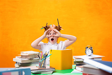 Image showing The Redhead teen girl with lot of books at home. Studio shot