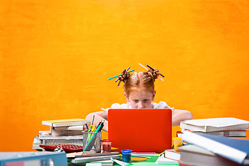 Image showing The Redhead teen girl with lot of books at home. Studio shot