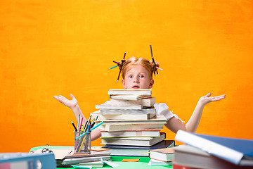 Image showing The Redhead teen girl with lot of books at home. Studio shot