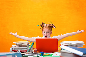 Image showing The Redhead teen girl with lot of books at home. Studio shot