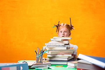 Image showing The Redhead teen girl with lot of books at home. Studio shot